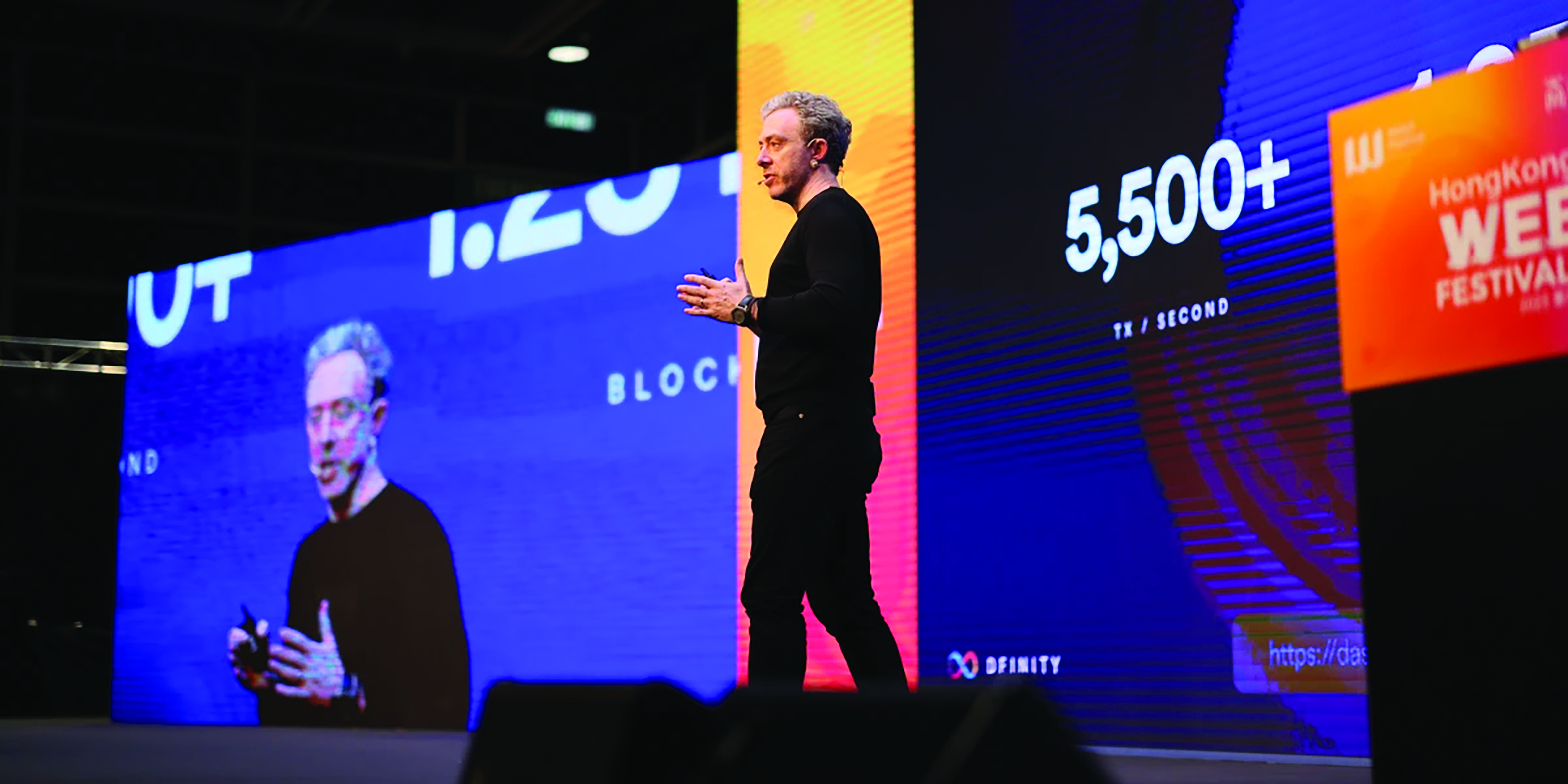 A speaker presents on stage at a web festival, with graphics displaying "5,500+ TX/SECOND" in the background.